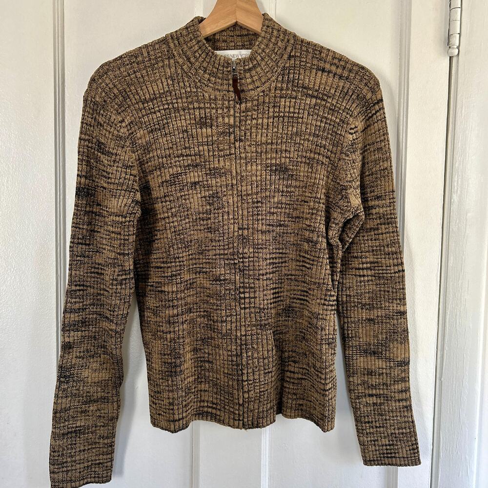 Vintage 90s Zip Up Cardigan Medium | Black Tan Rayon Blend Sweater Top